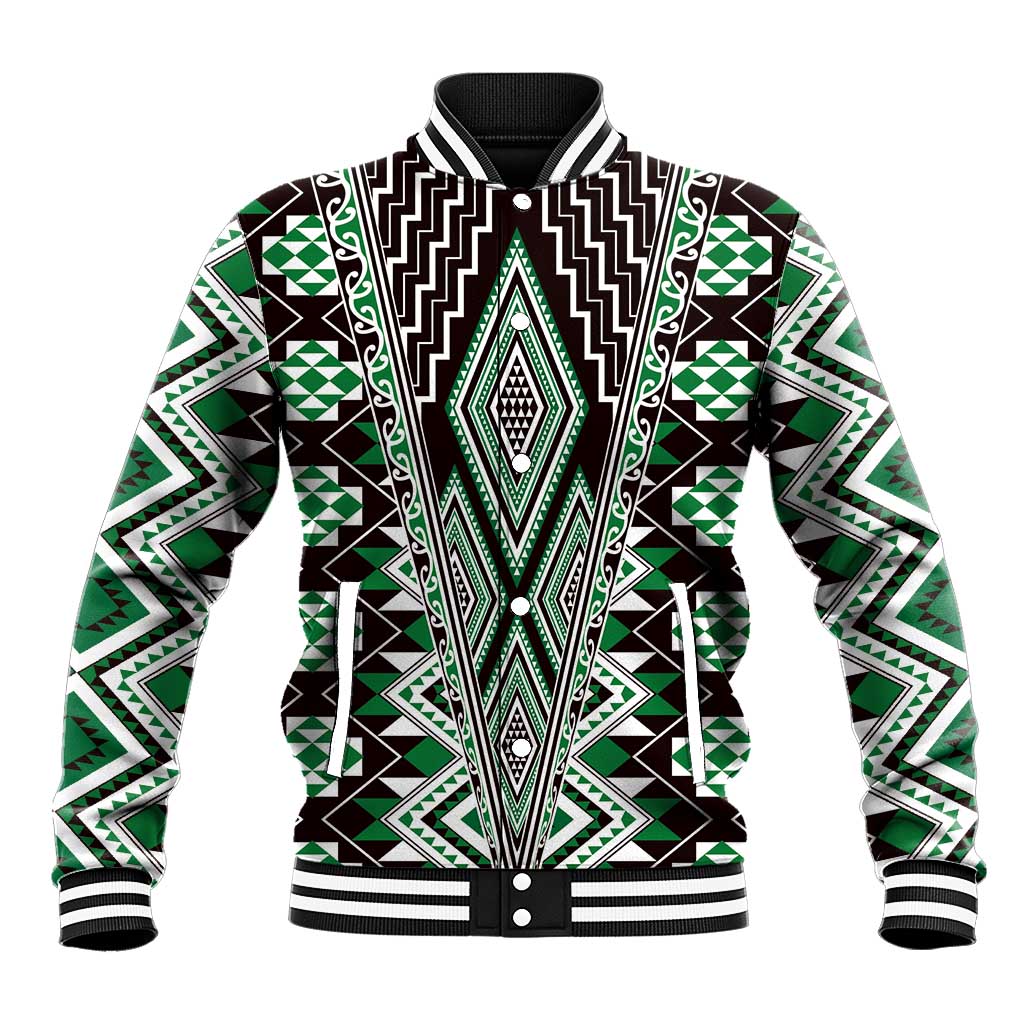 Green Aotearoa Tukutuku and Poutama Motif Baseball Jacket