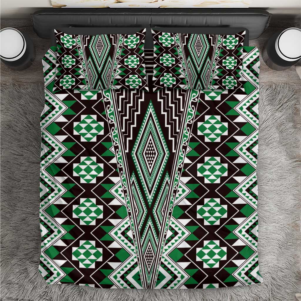 Green Aotearoa Tukutuku and Poutama Motif Bedding Set