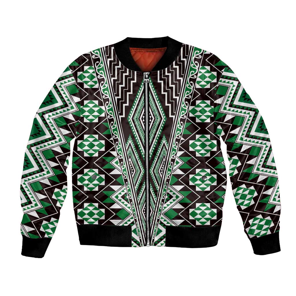 Green Aotearoa Tukutuku and Poutama Motif Bomber Jacket