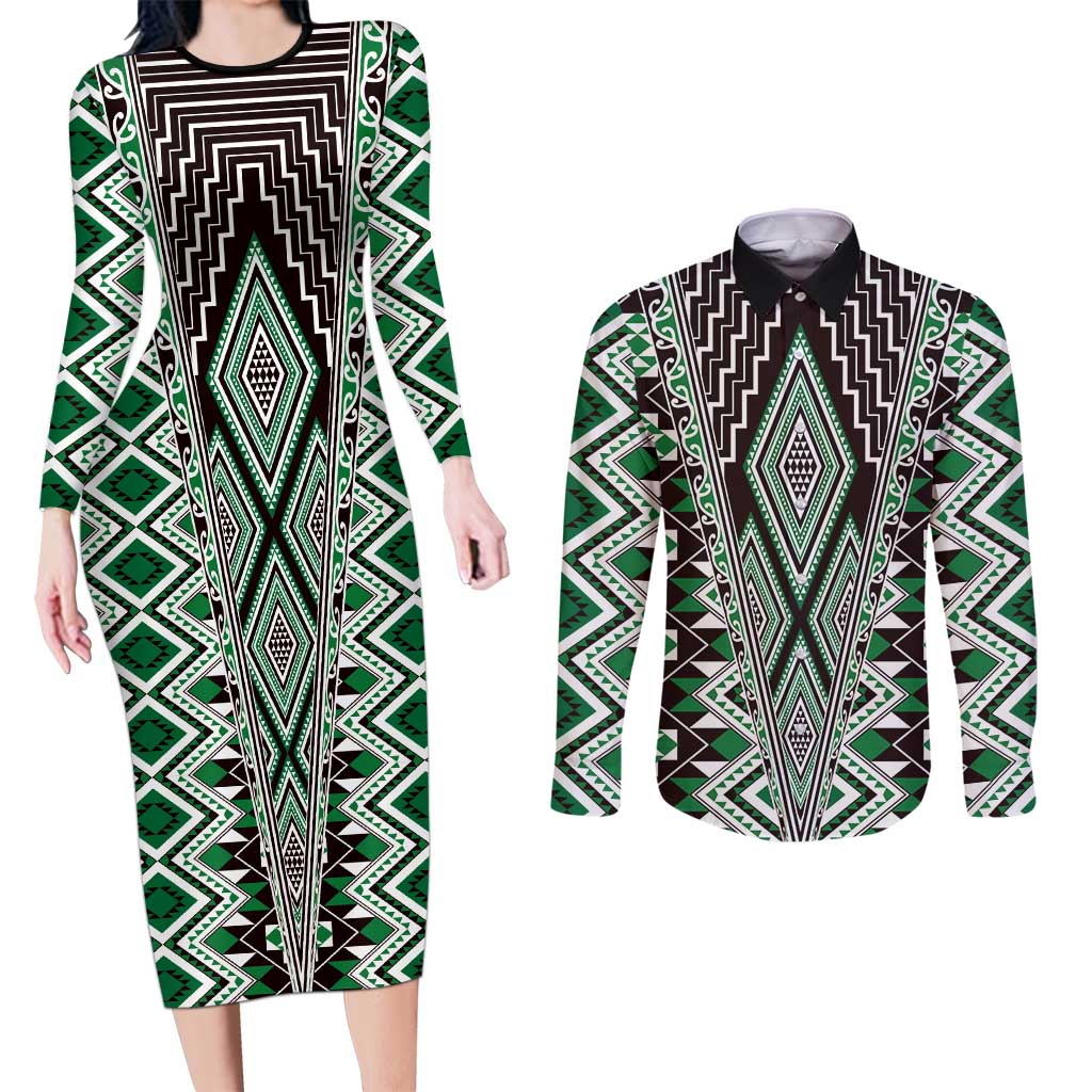 Green Aotearoa Tukutuku and Poutama Motif Couples Matching Long Sleeve Bodycon Dress and Long Sleeve Button Shirt