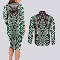 Green Aotearoa Tukutuku and Poutama Motif Couples Matching Long Sleeve Bodycon Dress and Long Sleeve Button Shirt LT03 - Polynesian Pride