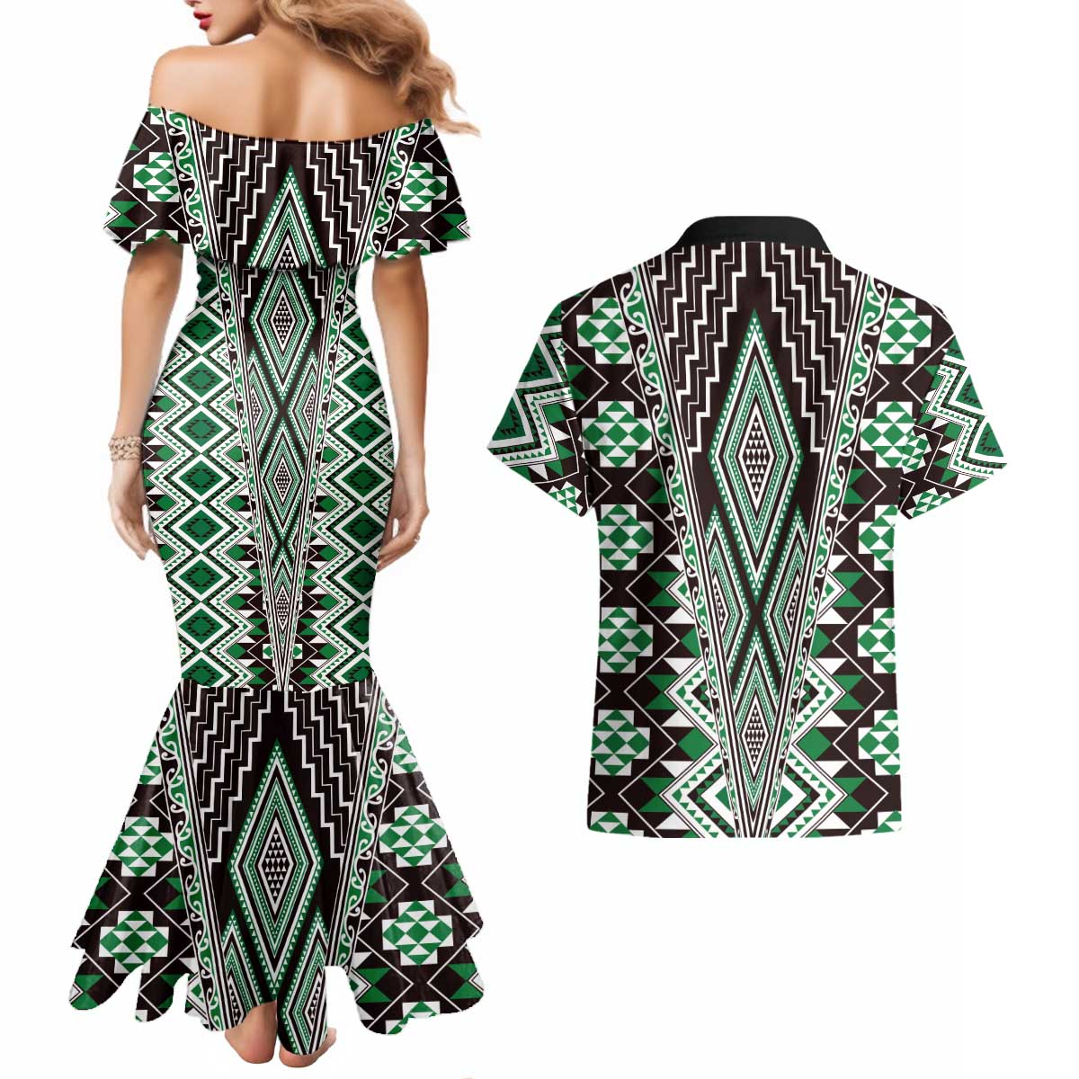Green Aotearoa Tukutuku and Poutama Motif Couples Matching Mermaid Dress and Hawaiian Shirt