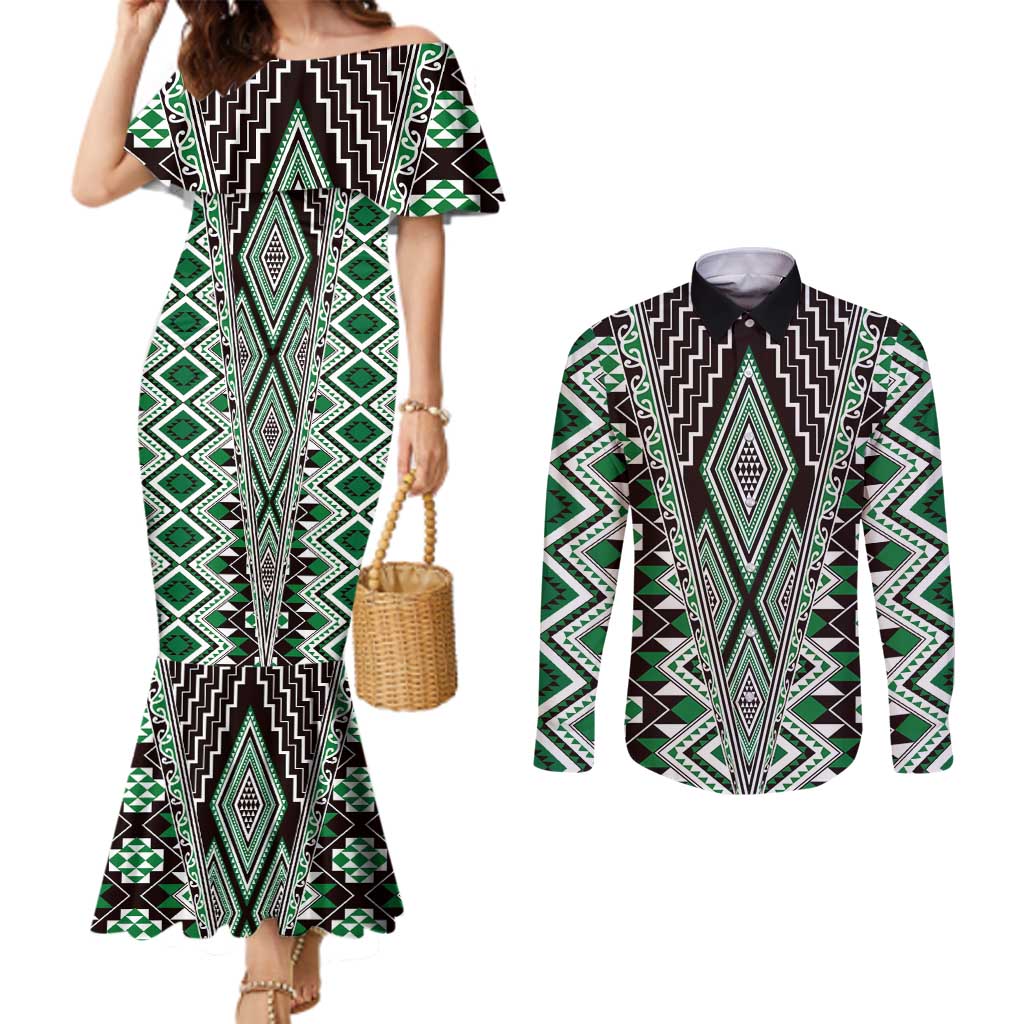 Green Aotearoa Tukutuku and Poutama Motif Couples Matching Mermaid Dress and Long Sleeve Button Shirt