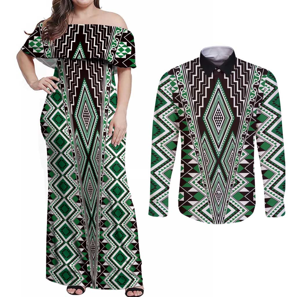 Green Aotearoa Tukutuku and Poutama Motif Couples Matching Off Shoulder Maxi Dress and Long Sleeve Button Shirt