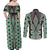 Green Aotearoa Tukutuku and Poutama Motif Couples Matching Off Shoulder Maxi Dress and Long Sleeve Button Shirt