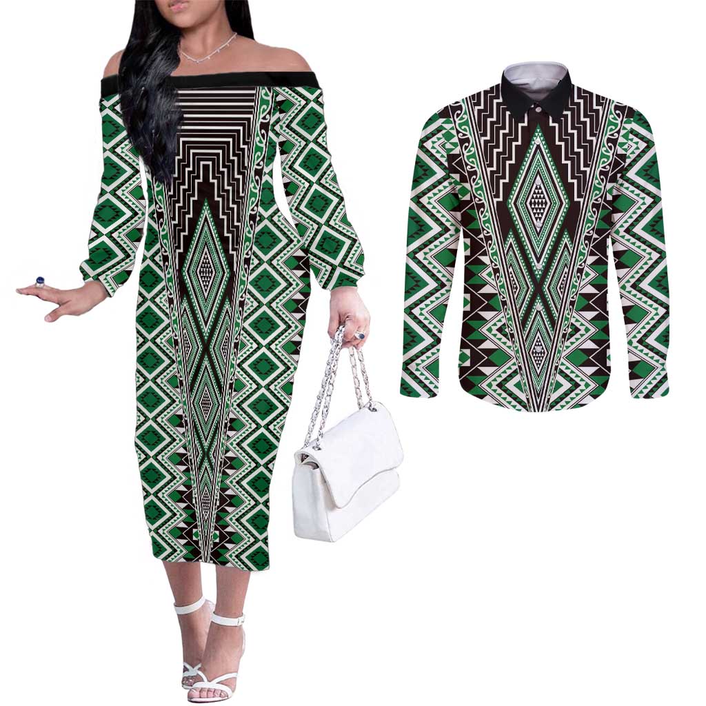 Green Aotearoa Tukutuku and Poutama Motif Couples Matching Off The Shoulder Long Sleeve Dress and Long Sleeve Button Shirt