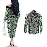 Green Aotearoa Tukutuku and Poutama Motif Couples Matching Off The Shoulder Long Sleeve Dress and Long Sleeve Button Shirt LT03 - Polynesian Pride