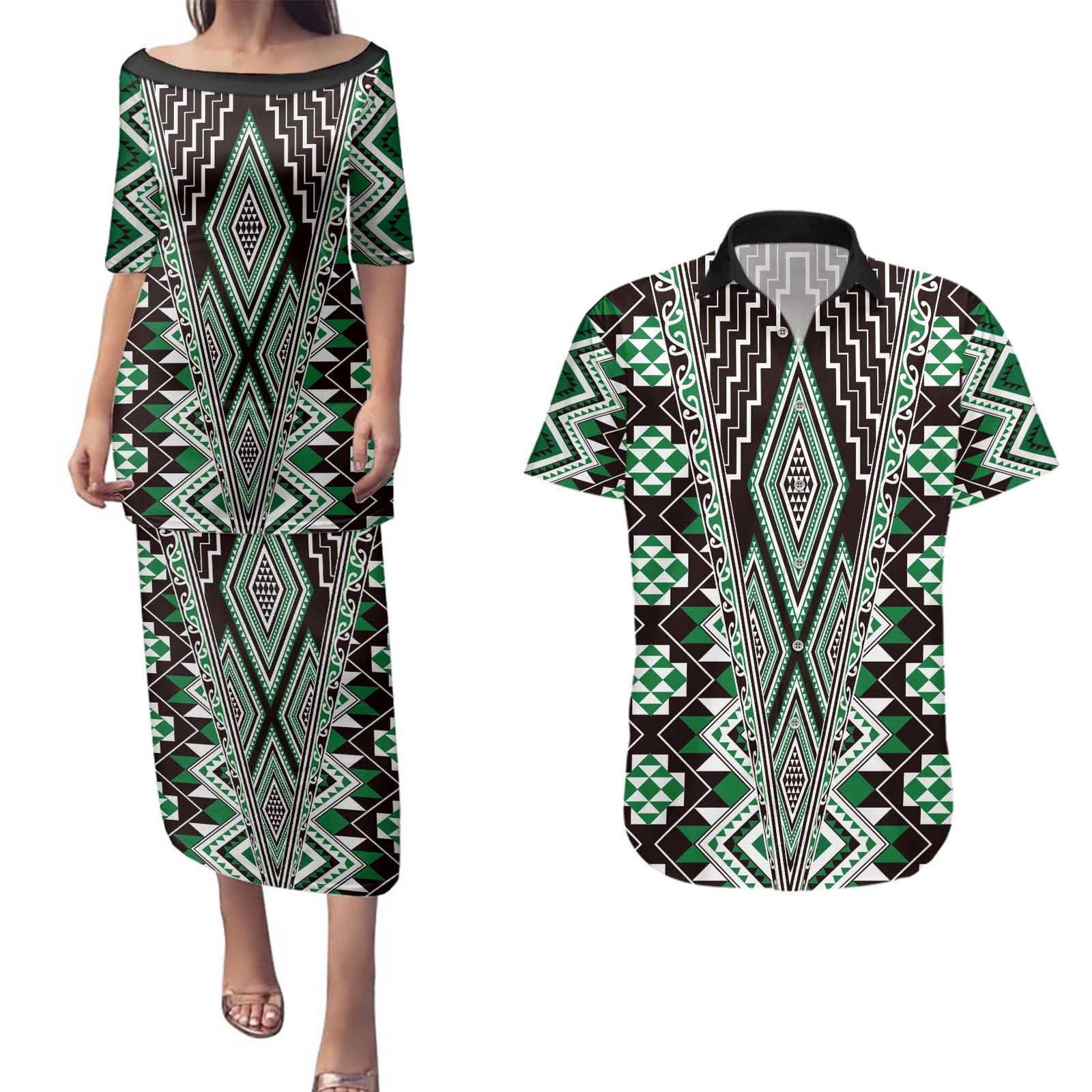 Green Aotearoa Tukutuku and Poutama Motif Couples Matching Puletasi and Hawaiian Shirt