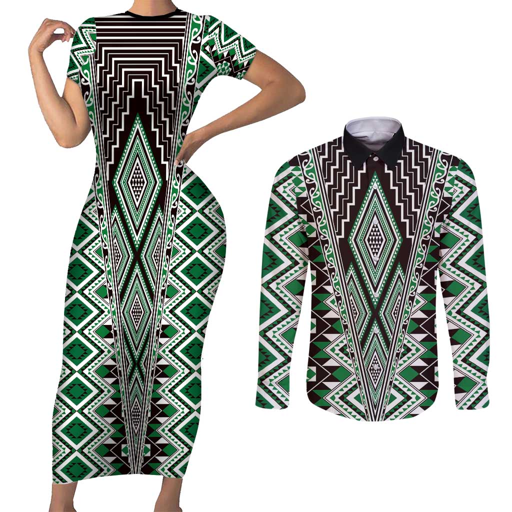 Green Aotearoa Tukutuku and Poutama Motif Couples Matching Short Sleeve Bodycon Dress and Long Sleeve Button Shirt