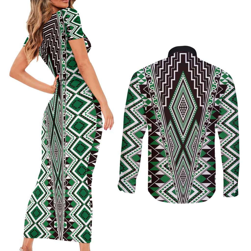 Green Aotearoa Tukutuku and Poutama Motif Couples Matching Short Sleeve Bodycon Dress and Long Sleeve Button Shirt LT03 - Polynesian Pride