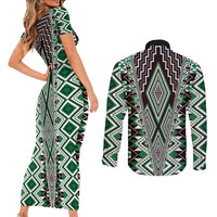 Green Aotearoa Tukutuku and Poutama Motif Couples Matching Short Sleeve Bodycon Dress and Long Sleeve Button Shirt LT03 - Polynesian Pride