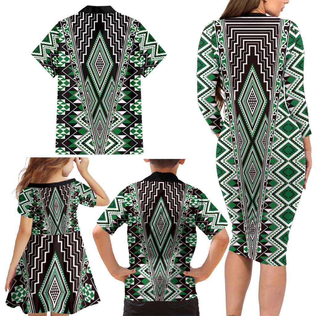Green Aotearoa Tukutuku and Poutama Motif Family Matching Long Sleeve Bodycon Dress and Hawaiian Shirt