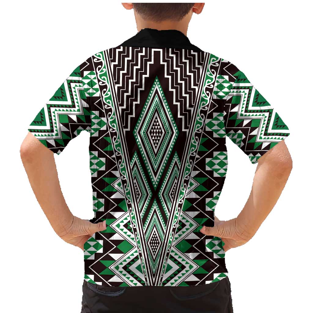 Green Aotearoa Tukutuku and Poutama Motif Family Matching Mermaid Dress and Hawaiian Shirt