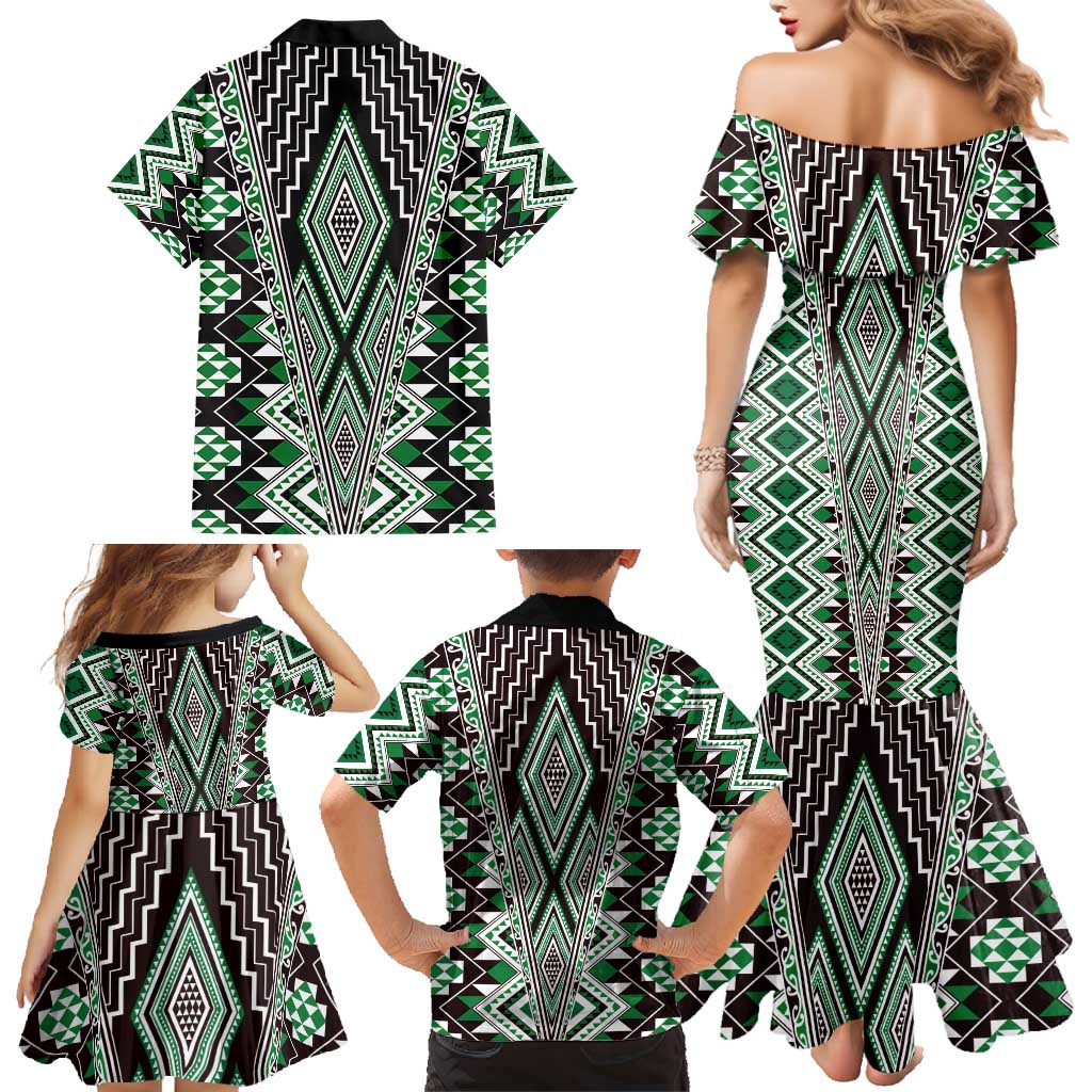 Green Aotearoa Tukutuku and Poutama Motif Family Matching Mermaid Dress and Hawaiian Shirt