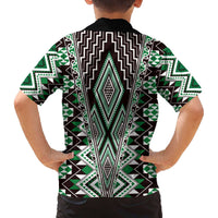 Green Aotearoa Tukutuku and Poutama Motif Family Matching Off The Shoulder Long Sleeve Dress and Hawaiian Shirt