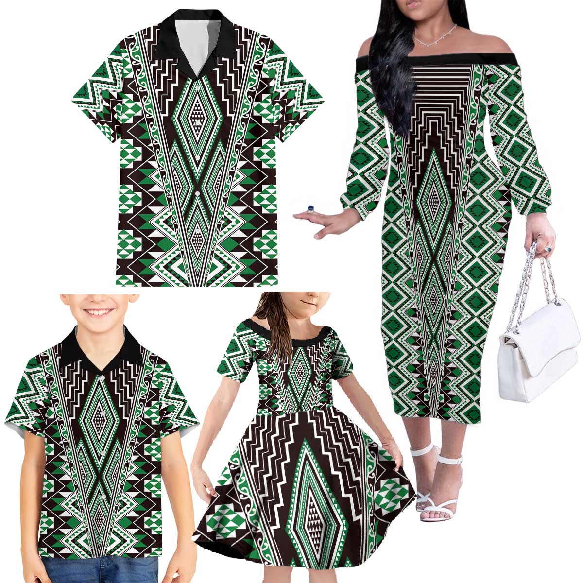 Green Aotearoa Tukutuku and Poutama Motif Family Matching Off The Shoulder Long Sleeve Dress and Hawaiian Shirt