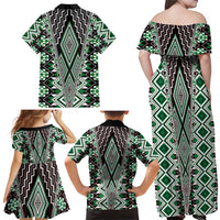 Green Aotearoa Tukutuku and Poutama Motif Family Matching Off Shoulder Maxi Dress and Hawaiian Shirt