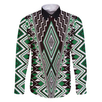 Green Aotearoa Tukutuku and Poutama Motif Family Matching Puletasi and Hawaiian Shirt