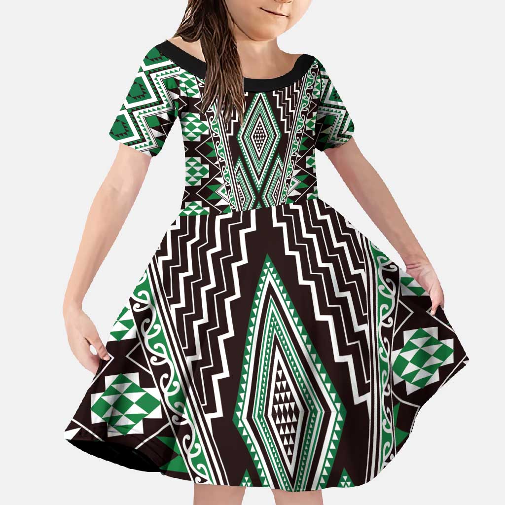 Green Aotearoa Tukutuku and Poutama Motif Family Matching Summer Maxi Dress and Hawaiian Shirt