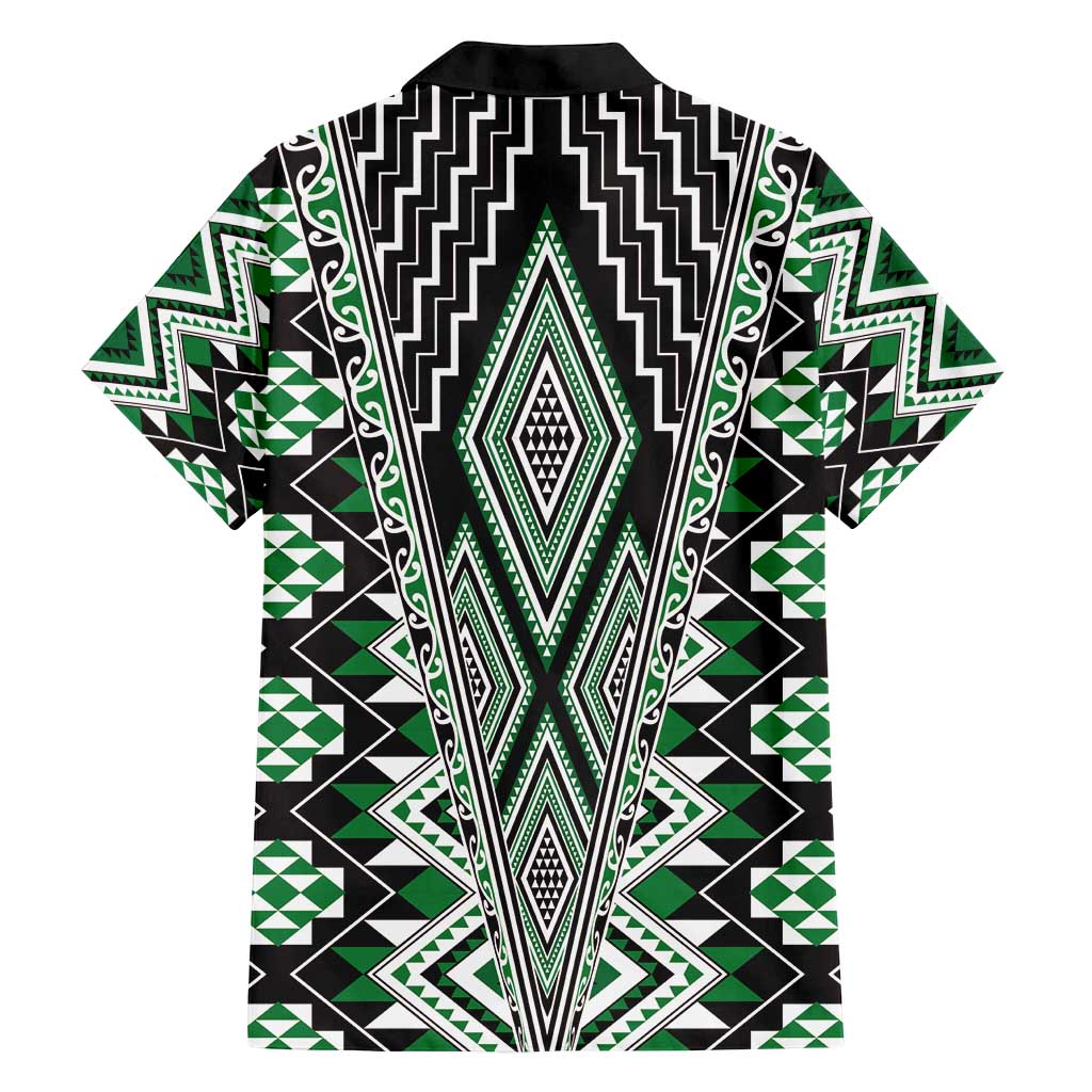 Green Aotearoa Tukutuku and Poutama Motif Family Matching Summer Maxi Dress and Hawaiian Shirt