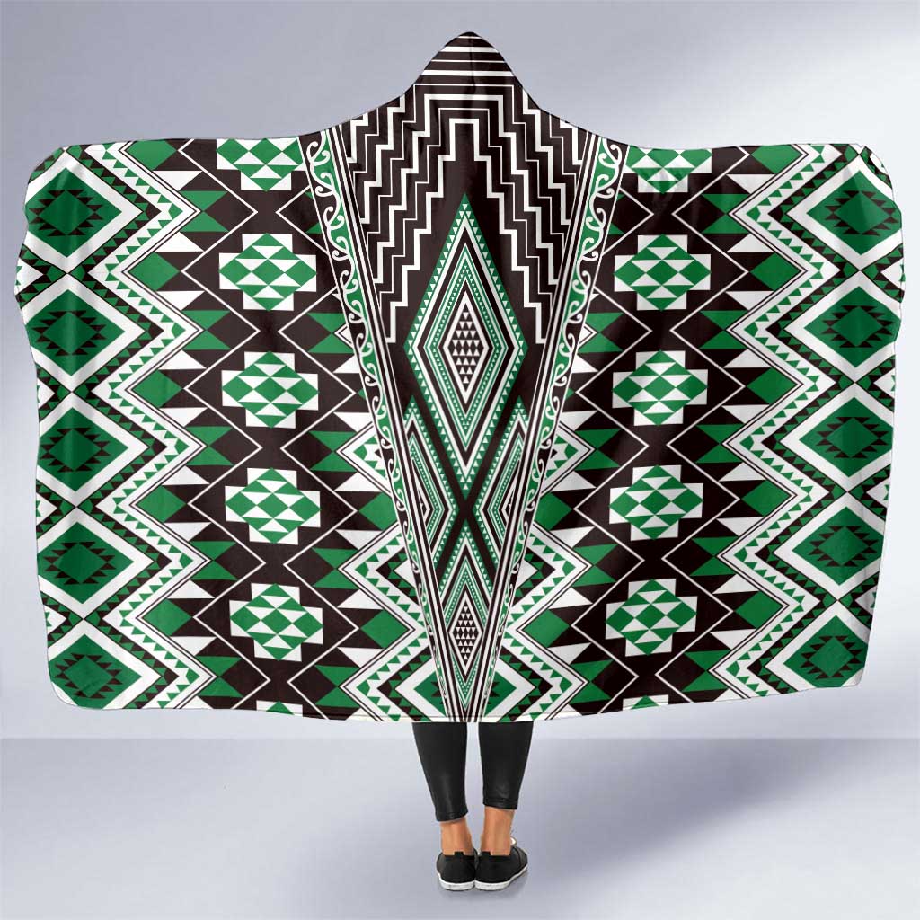 Green Aotearoa Tukutuku and Poutama Motif Hooded Blanket