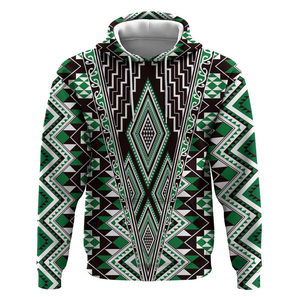 Green Aotearoa Tukutuku and Poutama Motif Hoodie