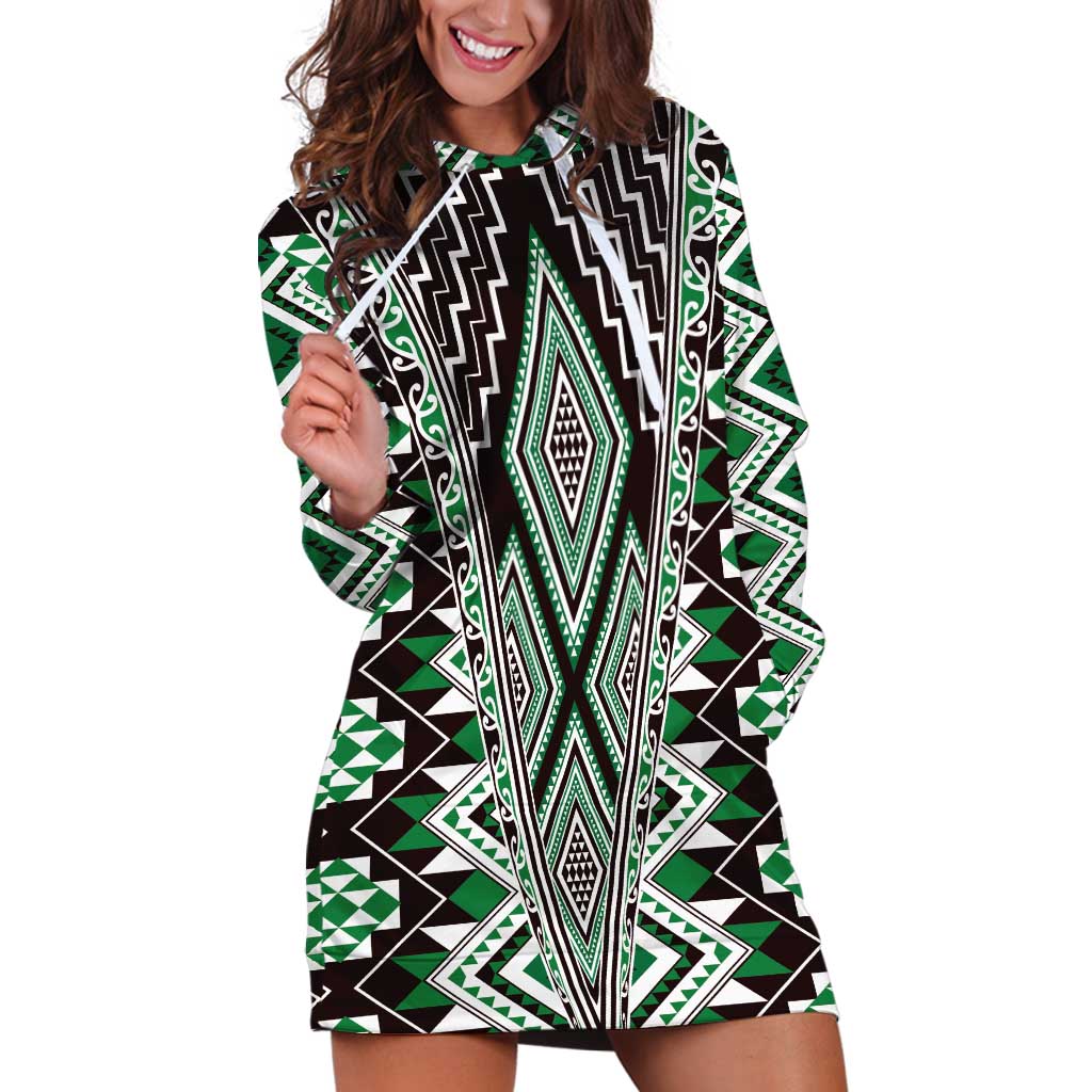 Green Aotearoa Tukutuku and Poutama Motif Hoodie Dress