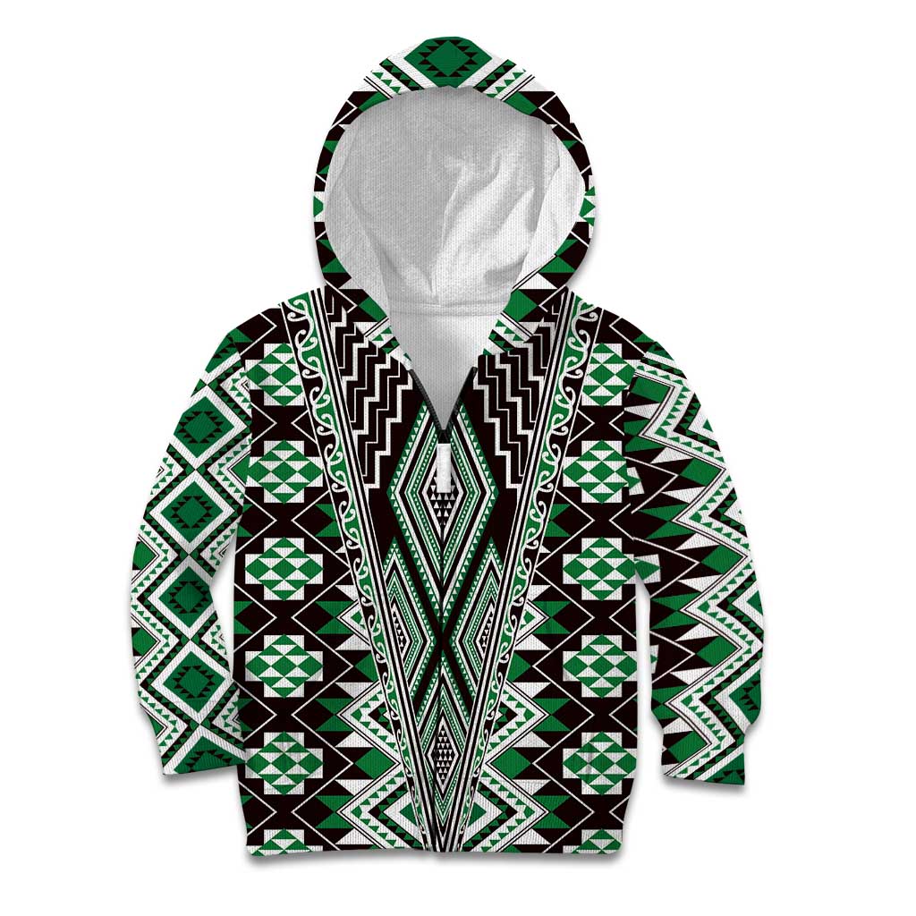 Green Aotearoa Tukutuku and Poutama Motif Kid Hoodie