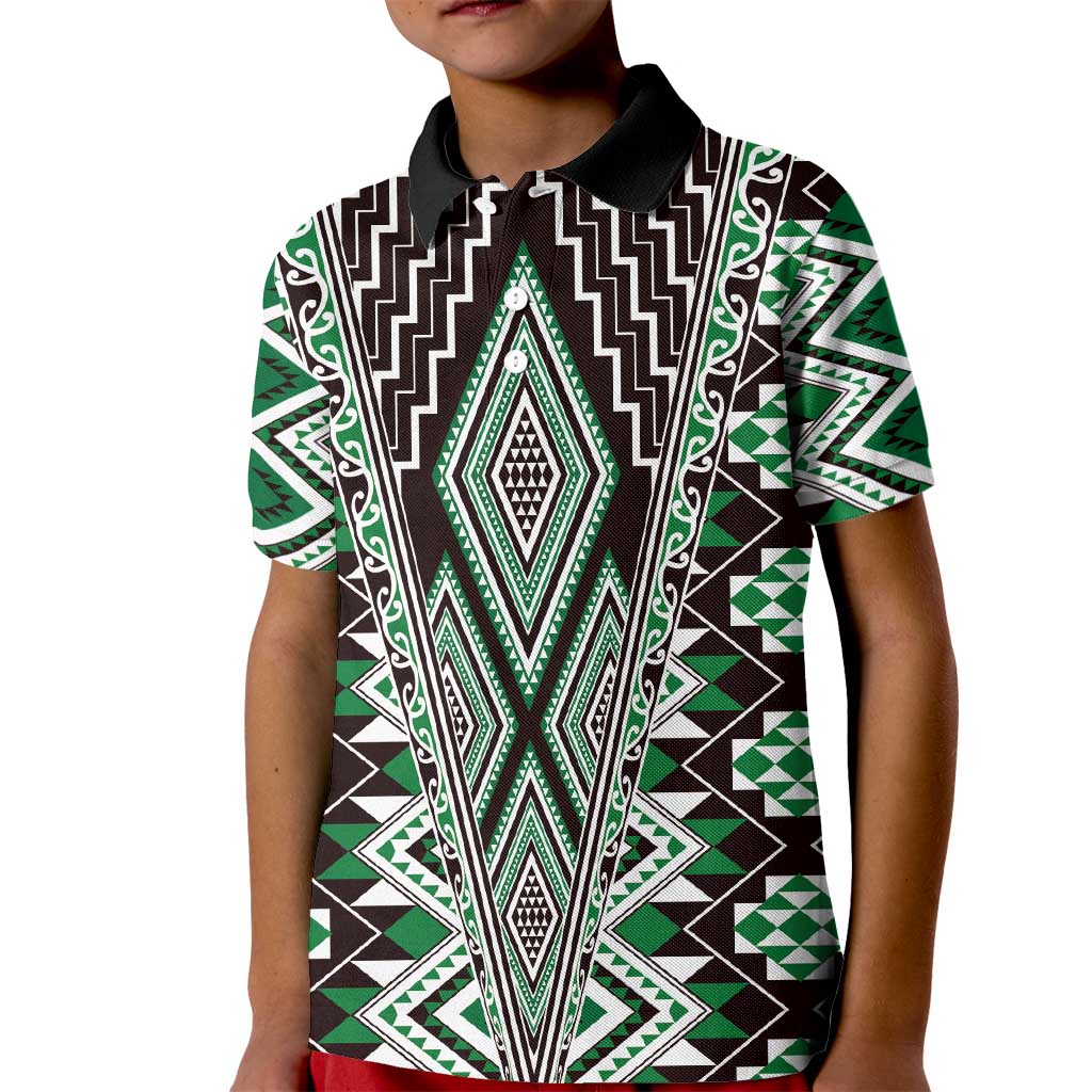 Green Aotearoa Tukutuku and Poutama Motif Kid Polo Shirt