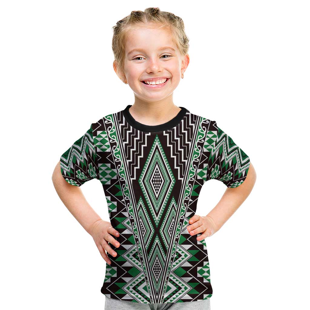 Green Aotearoa Tukutuku and Poutama Motif Kid T Shirt