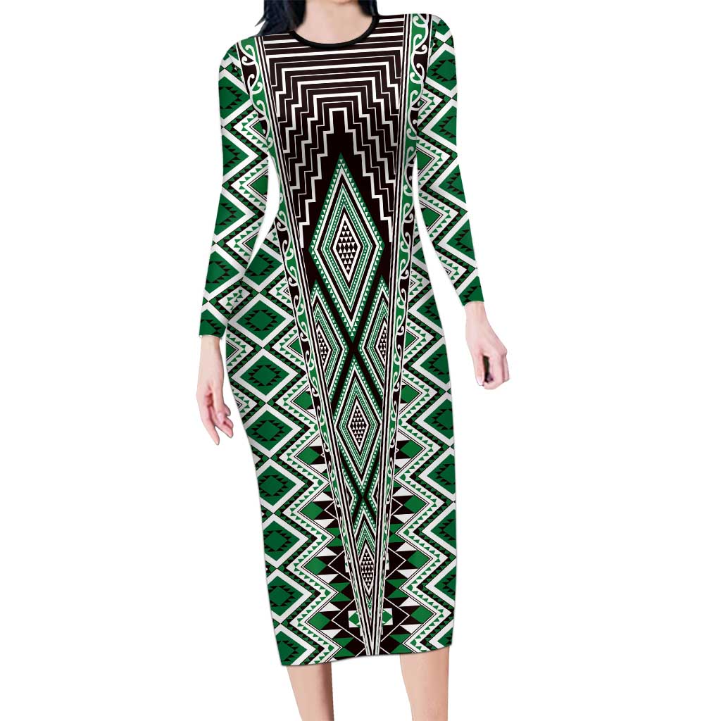 Green Aotearoa Tukutuku and Poutama Motif Long Sleeve Bodycon Dress