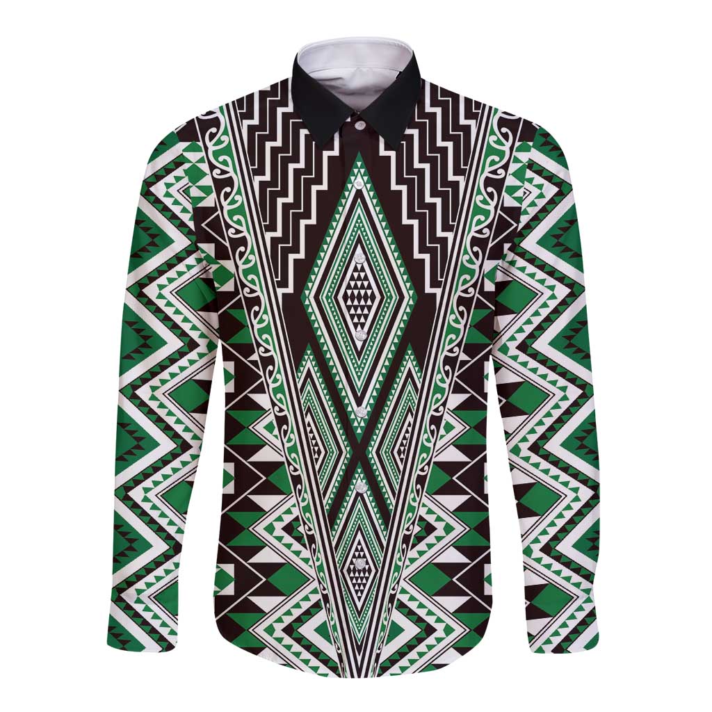 Green Aotearoa Tukutuku and Poutama Motif Long Sleeve Button Shirt