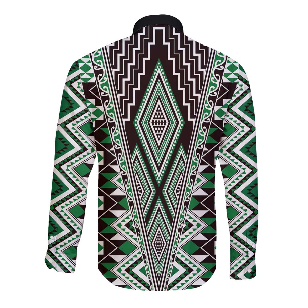 Green Aotearoa Tukutuku and Poutama Motif Long Sleeve Button Shirt LT03 - Polynesian Pride