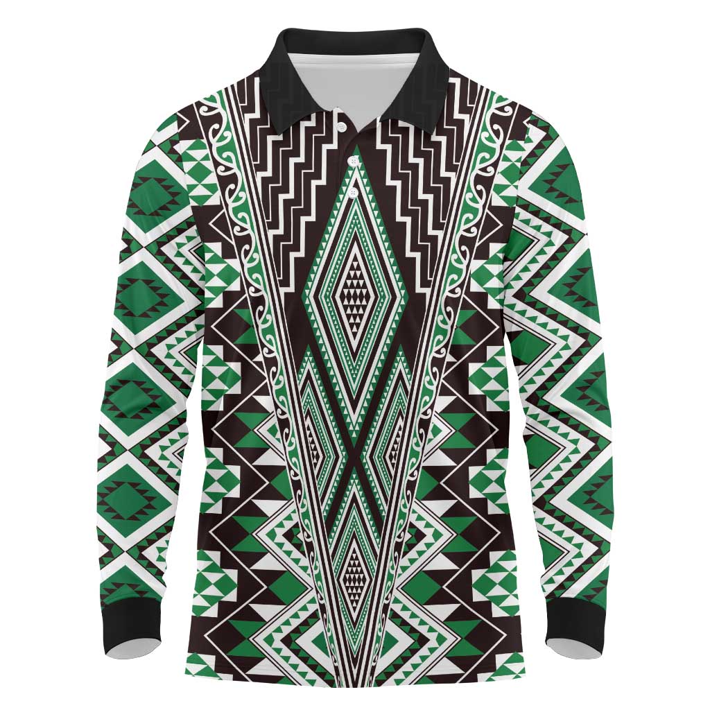 Green Aotearoa Tukutuku and Poutama Motif Long Sleeve Polo Shirt