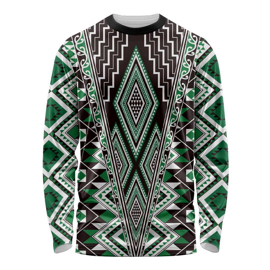 Green Aotearoa Tukutuku and Poutama Motif Long Sleeve Shirt