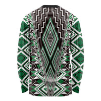 Green Aotearoa Tukutuku and Poutama Motif Long Sleeve Shirt