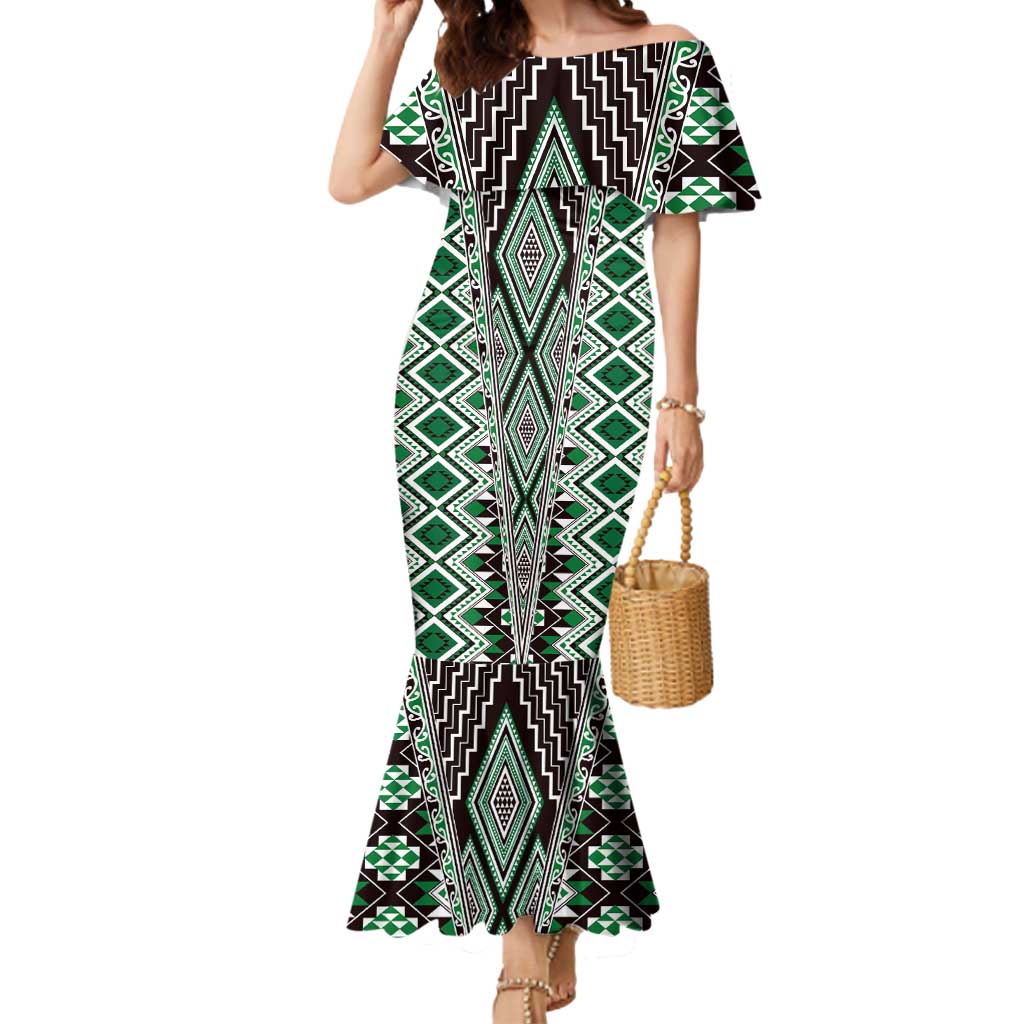 Green Aotearoa Tukutuku and Poutama Motif Mermaid Dress