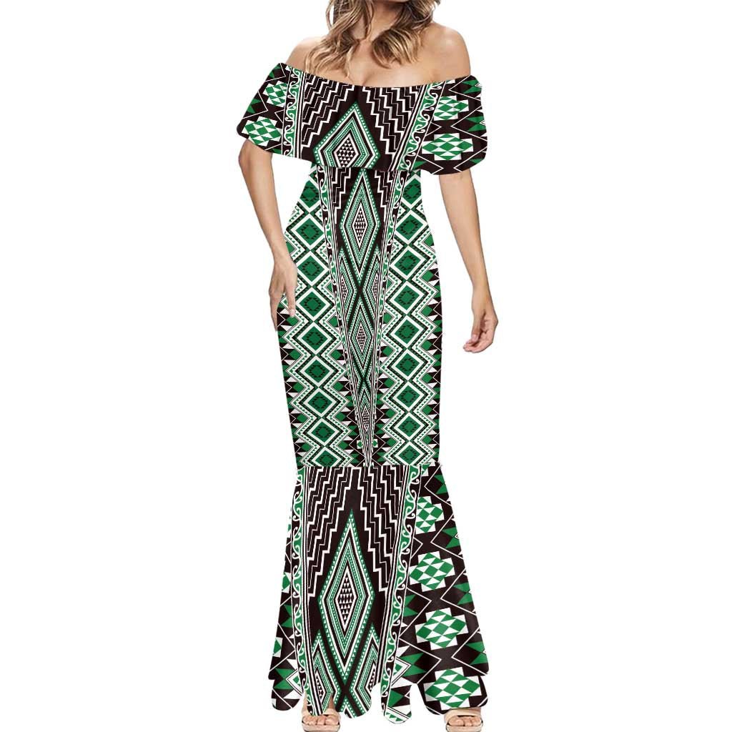 Green Aotearoa Tukutuku and Poutama Motif Mermaid Dress