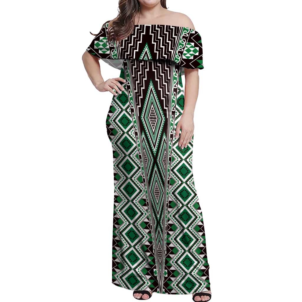 Green Aotearoa Tukutuku and Poutama Motif Off Shoulder Maxi Dress LT03 Women Green - Polynesian Pride
