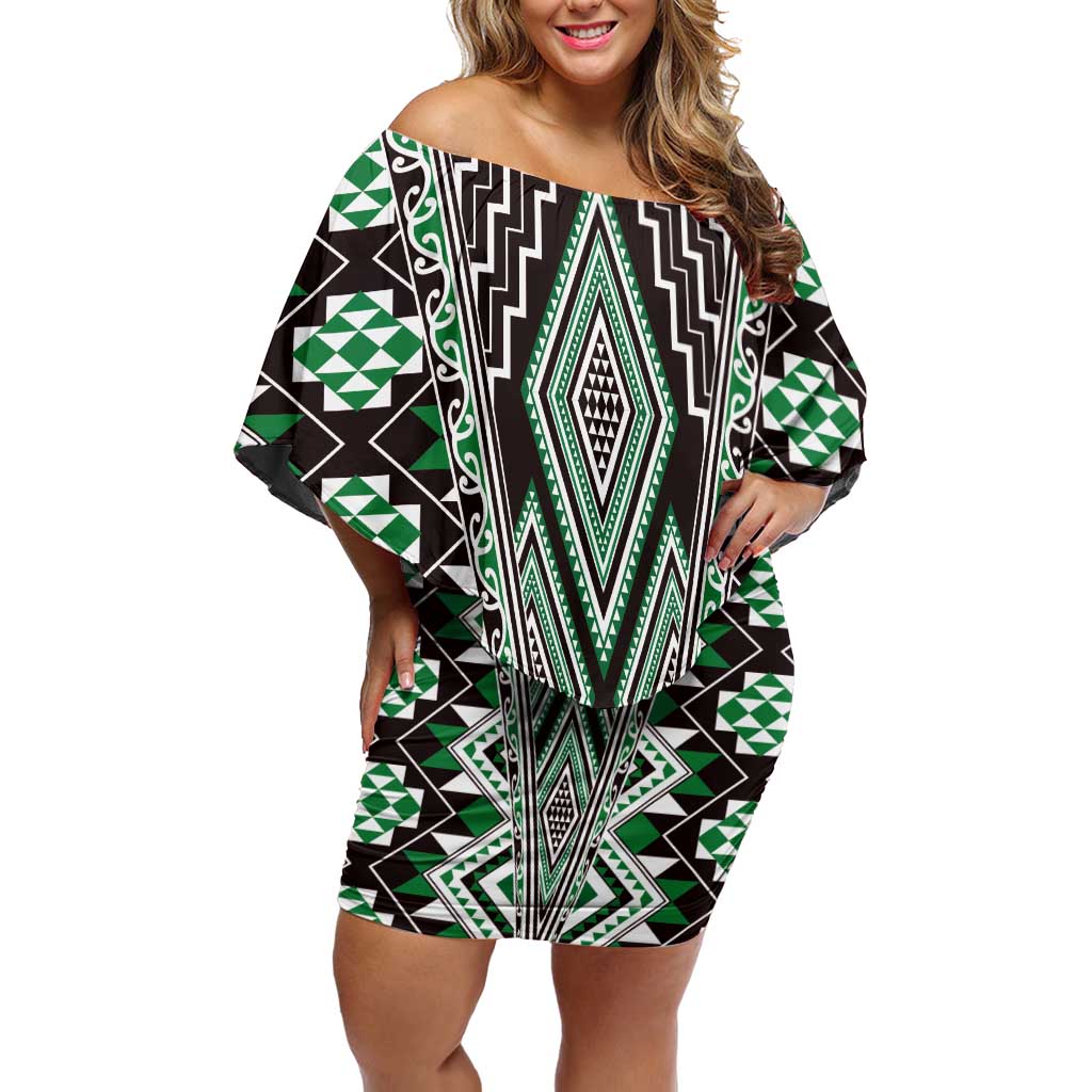 Green Aotearoa Tukutuku and Poutama Motif Off Shoulder Short Dress