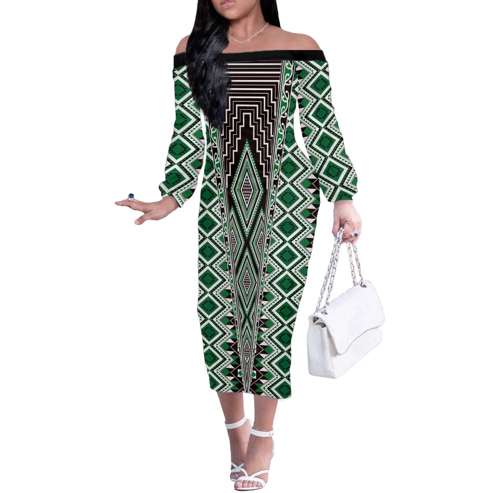 Green Aotearoa Tukutuku and Poutama Motif Off The Shoulder Long Sleeve Dress