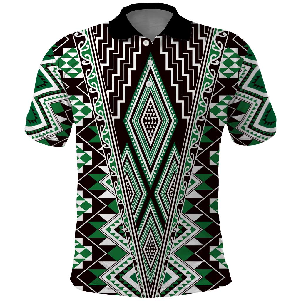 Green Aotearoa Tukutuku and Poutama Motif Polo Shirt