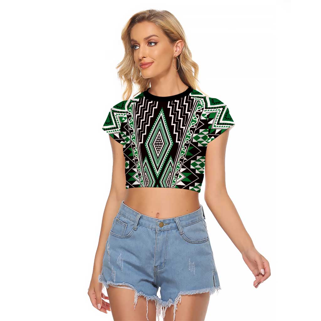 Green Aotearoa Tukutuku and Poutama Motif Raglan Cropped T Shirt