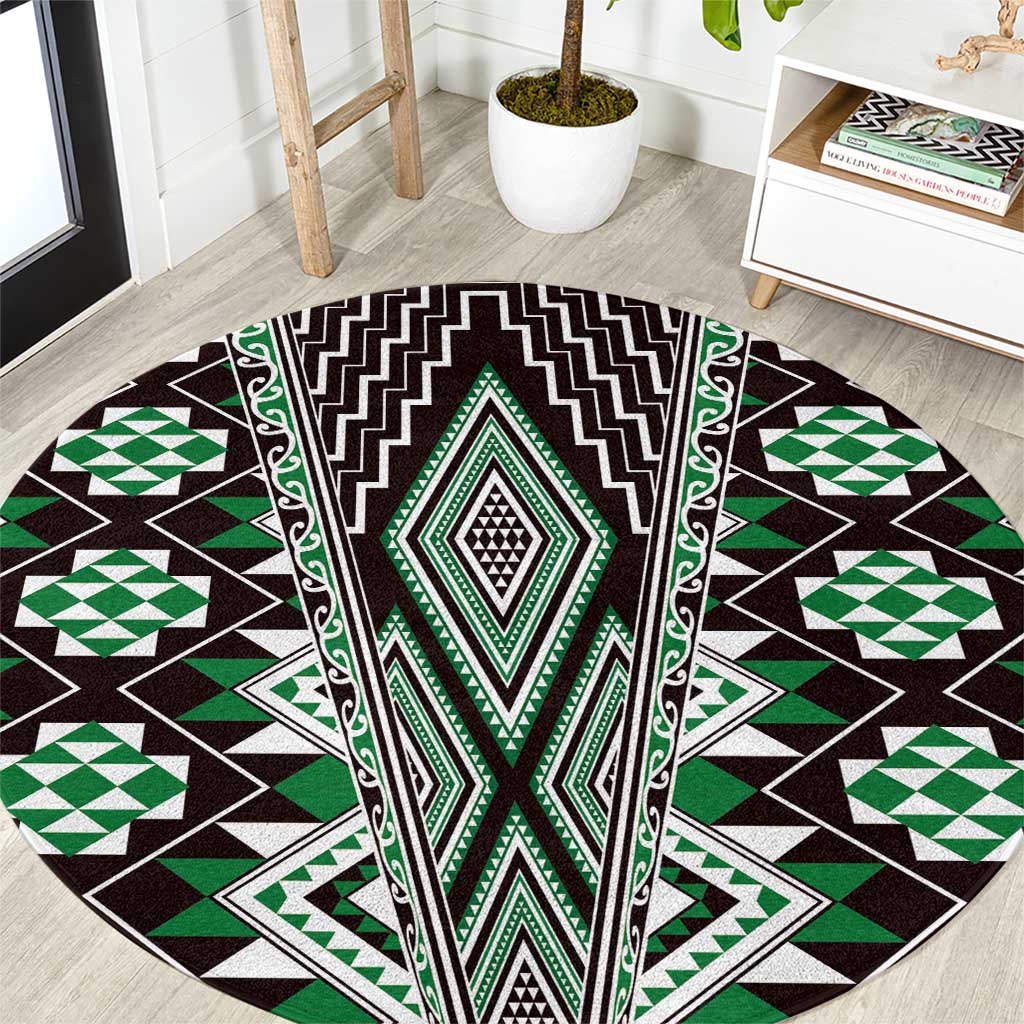 Green Aotearoa Tukutuku and Poutama Motif Round Carpet