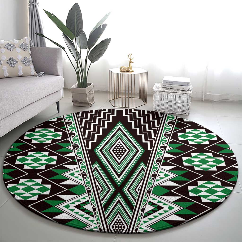 Green Aotearoa Tukutuku and Poutama Motif Round Carpet