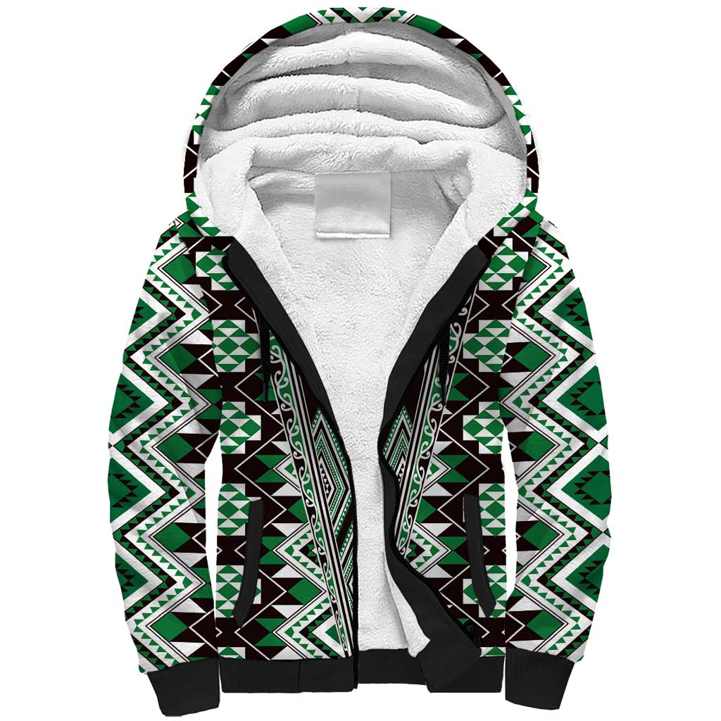 Green Aotearoa Tukutuku and Poutama Motif Sherpa Hoodie