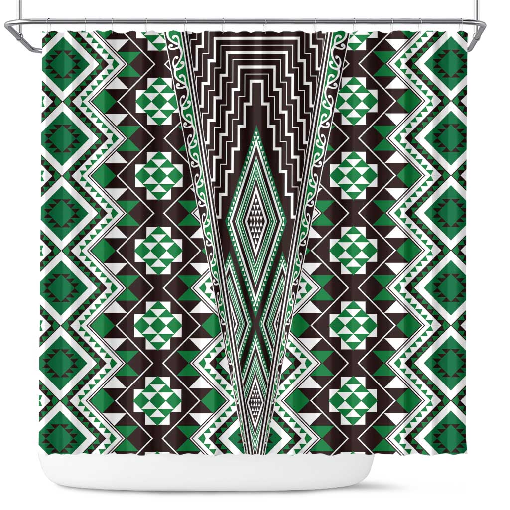 Green Aotearoa Tukutuku and Poutama Motif Shower Curtain