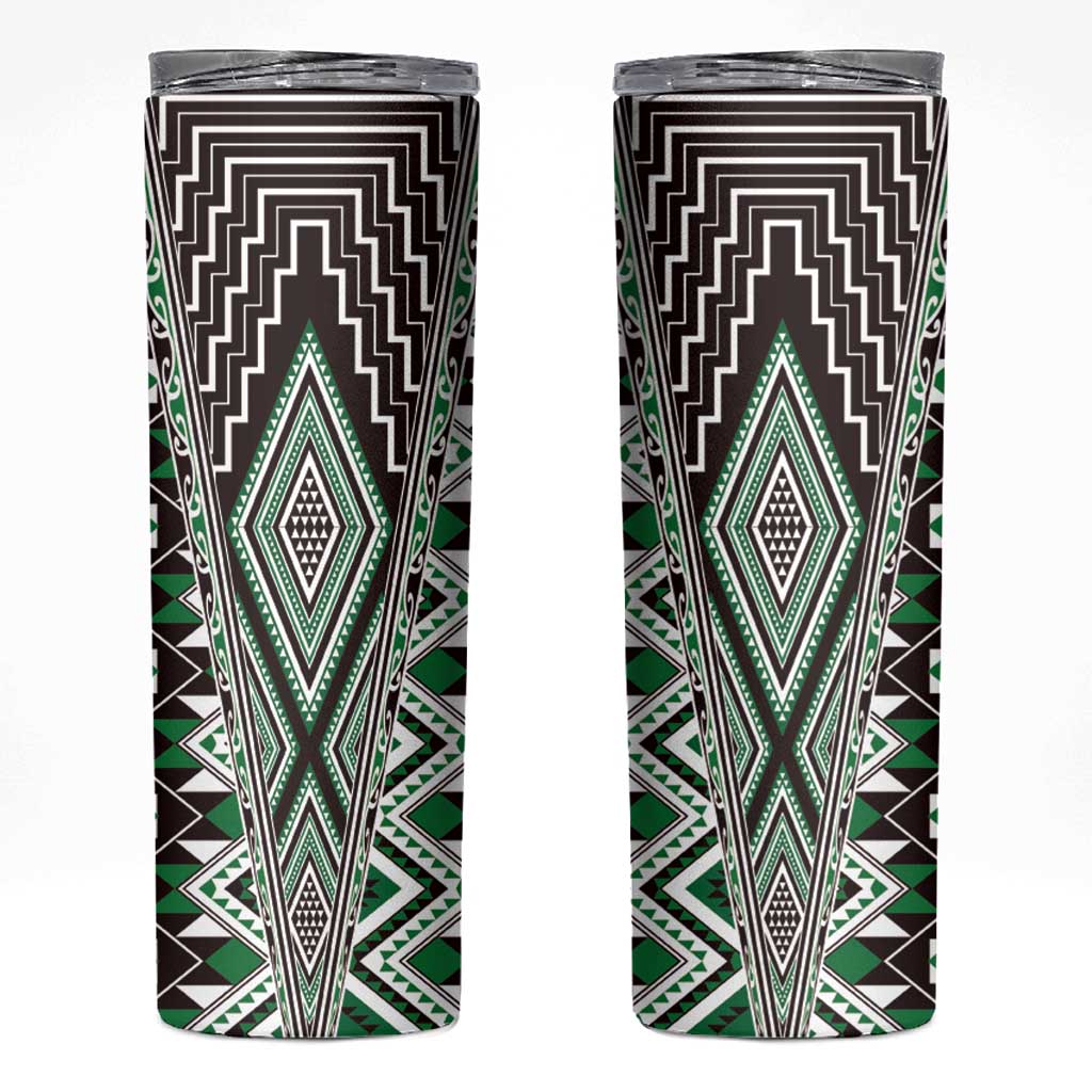 Green Aotearoa Tukutuku and Poutama Motif Skinny Tumbler