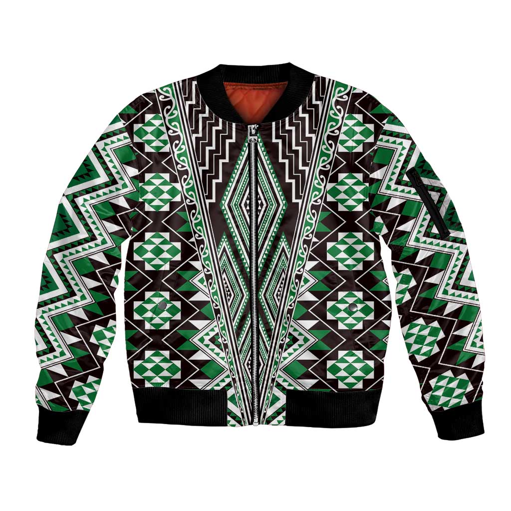 Green Aotearoa Tukutuku and Poutama Motif Sleeve Zip Bomber Jacket