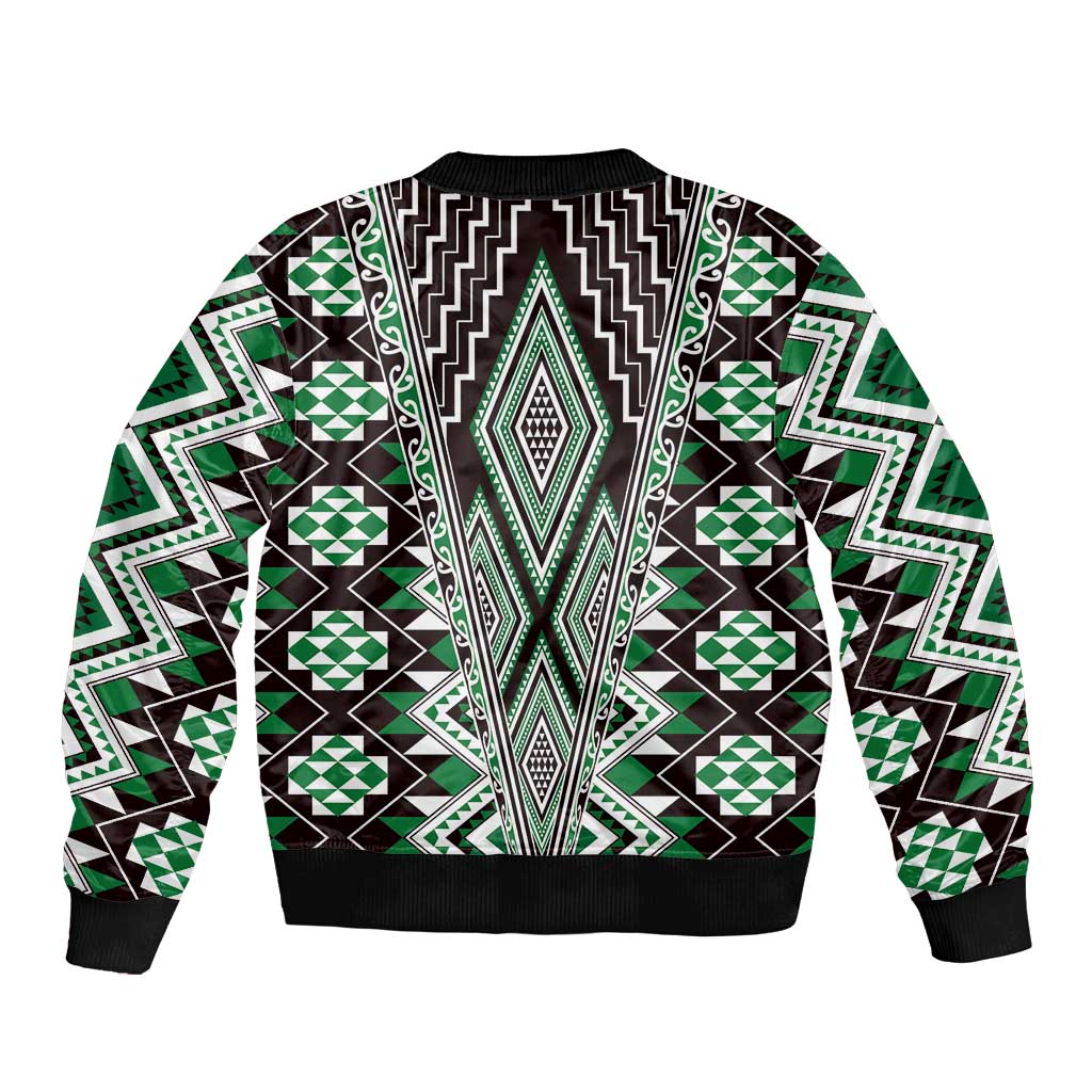Green Aotearoa Tukutuku and Poutama Motif Sleeve Zip Bomber Jacket LT03 - Polynesian Pride
